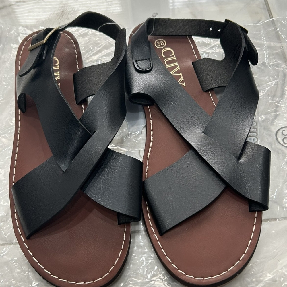 Black Strappy Leather-Look Sandals with Brown Footbed